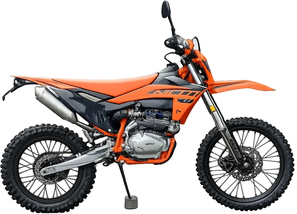 אופנוע NICOT KR4-250PR עומד לבדו באולם חשוך, מואר בזרקור אחד